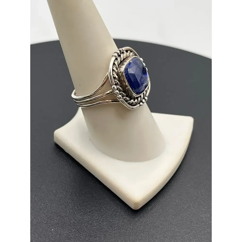 Artisan Twisted Sterling Silver Cushion Cut Deep Blue Kyanite Stone‎ ring Sz  9